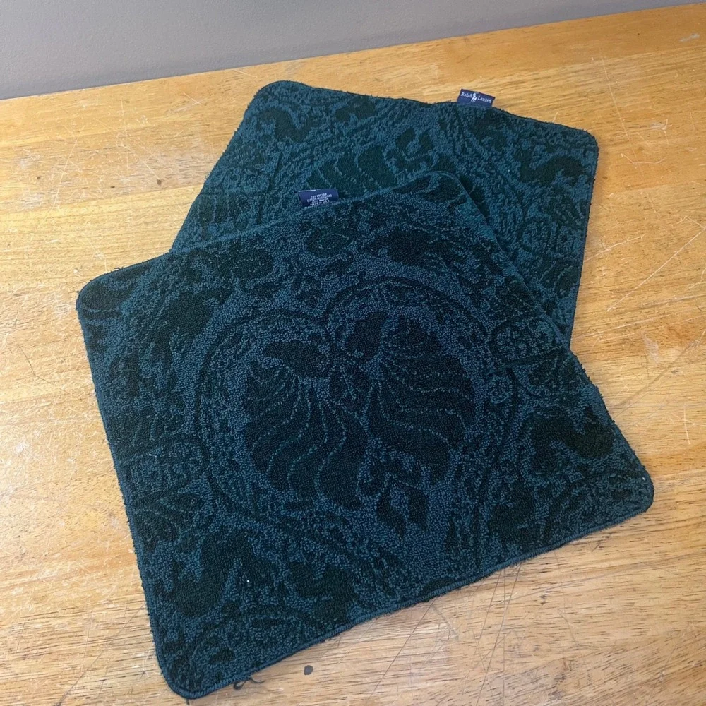 Vtg Ralph Lauren Hunter Green Damask Wash Cloths Set of 2 Cotton Rayon USA 13x13
